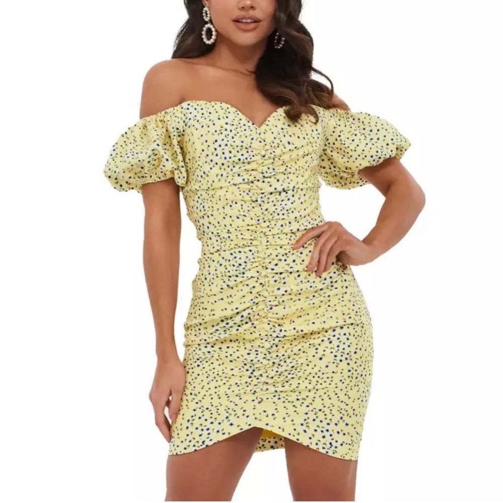 LAVISH ALICE Yellow Floral Ruched Off Shoulder Puff Sleeve Dress S 6